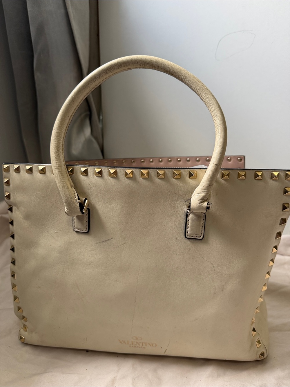 Valentino Garavani Cream Leather Rockstud Tote with Gold Studs
